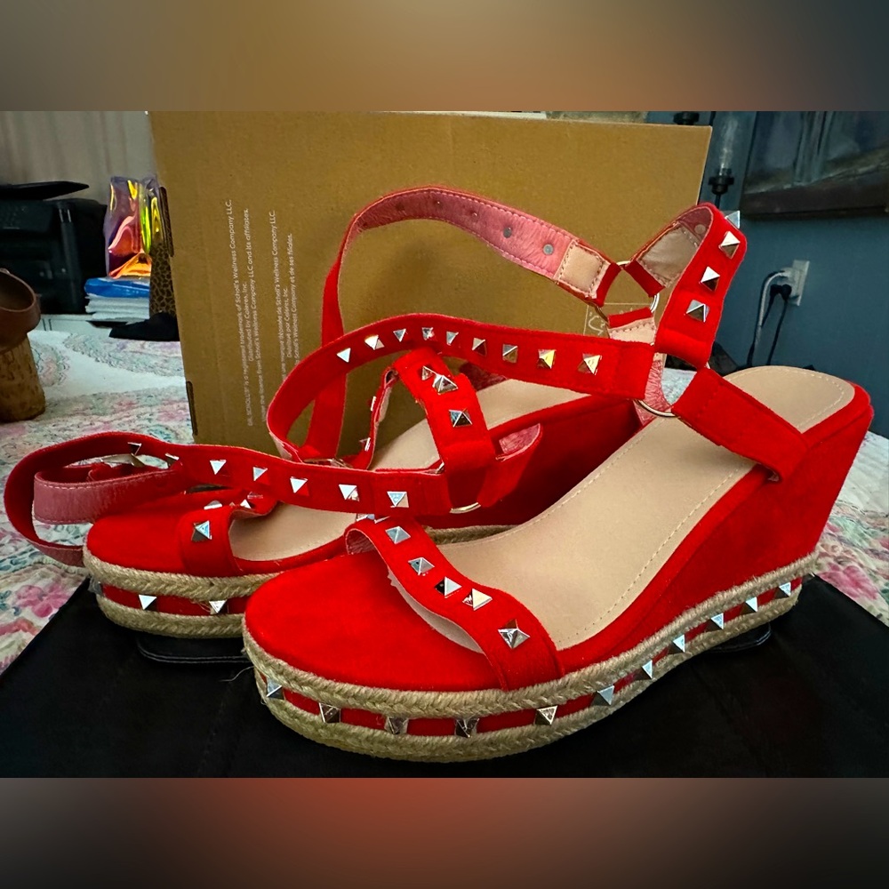 Red Suede with Silver Studs Leg Wrap Strapped Wedges Size 9